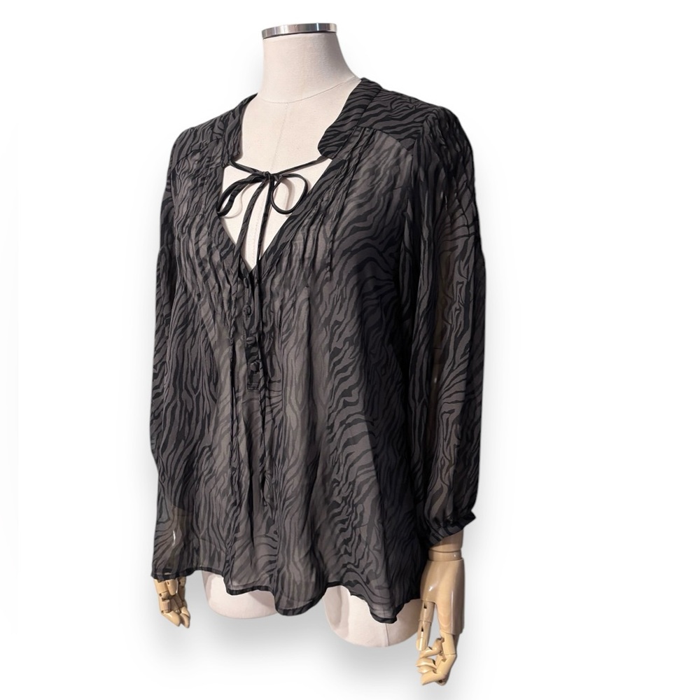 PATTERSON J. KINCAID Grey Black Zebra Print Sheer 3/4 Sleeve Tie Neck Top